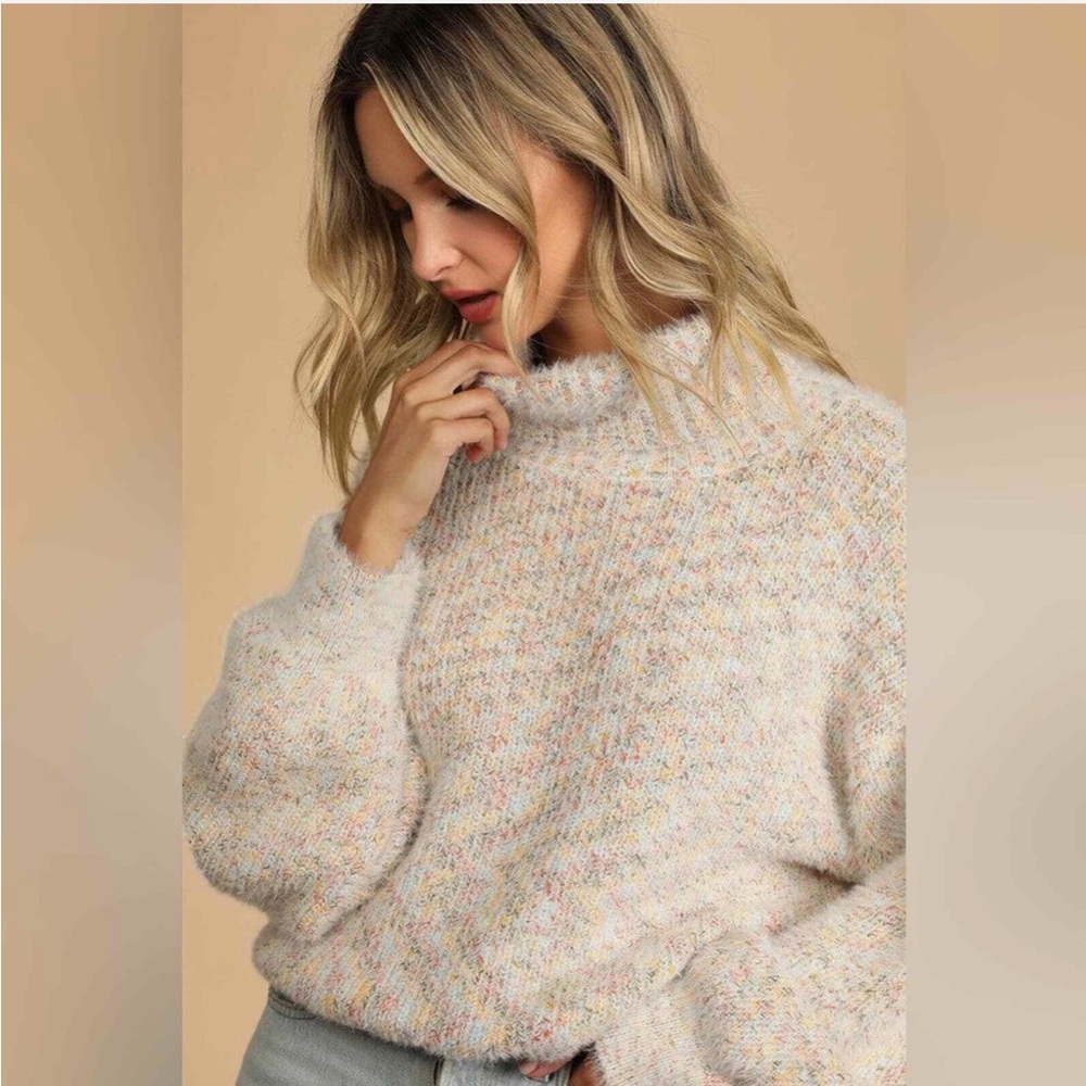 Lulus Get Creative Cream Multi Oversized Turtleneck Sweater - Picture 2 of 9